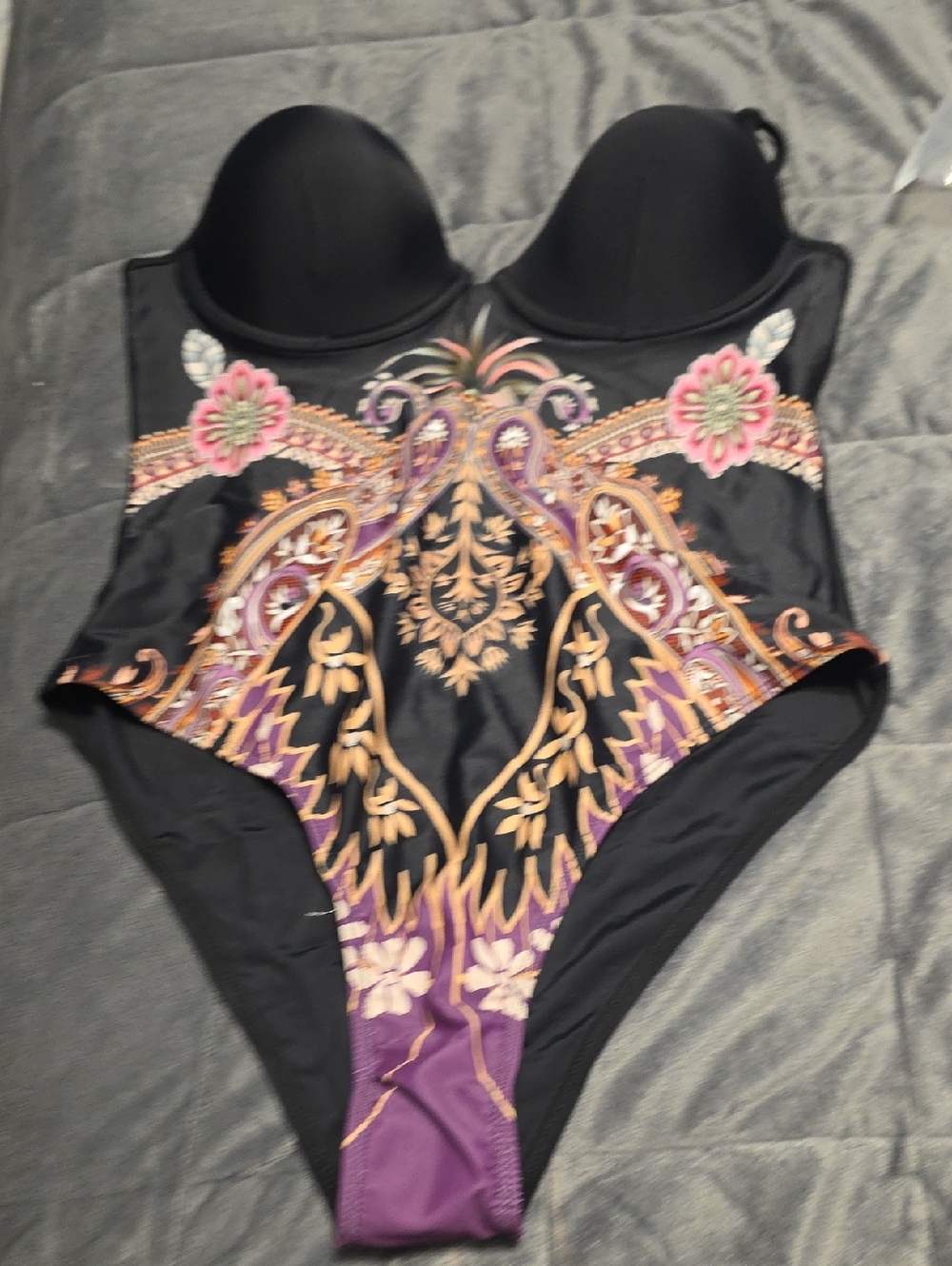 Cupshe Black One-Piece Swimsuit with Purple and Pink Embroidery